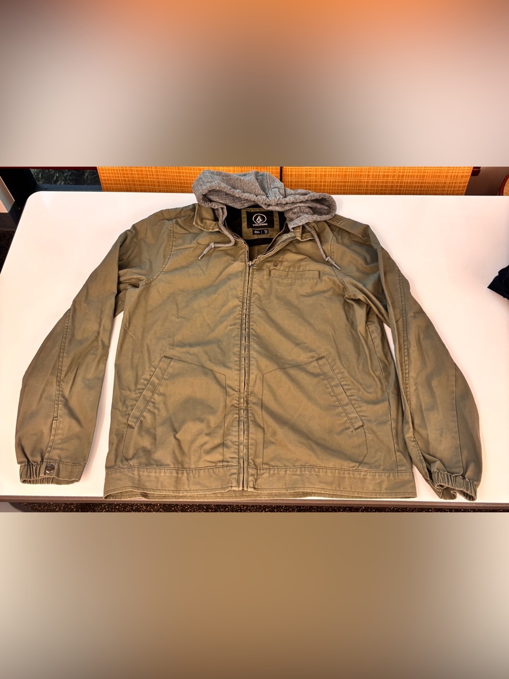Volcom Olive Green Hooded Zip-Up Jacket with Gray Lining